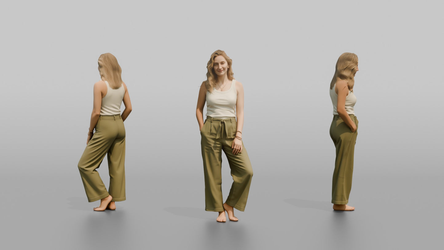 Woman Standing in Olive Green Linen Pants