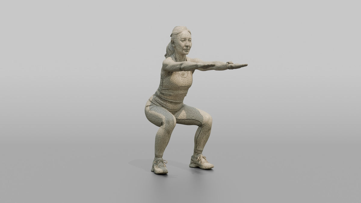 Bodyweight Athlete Woman Doing A Bodyweight Squat, Arms Extended Forward - wireframe topology preview