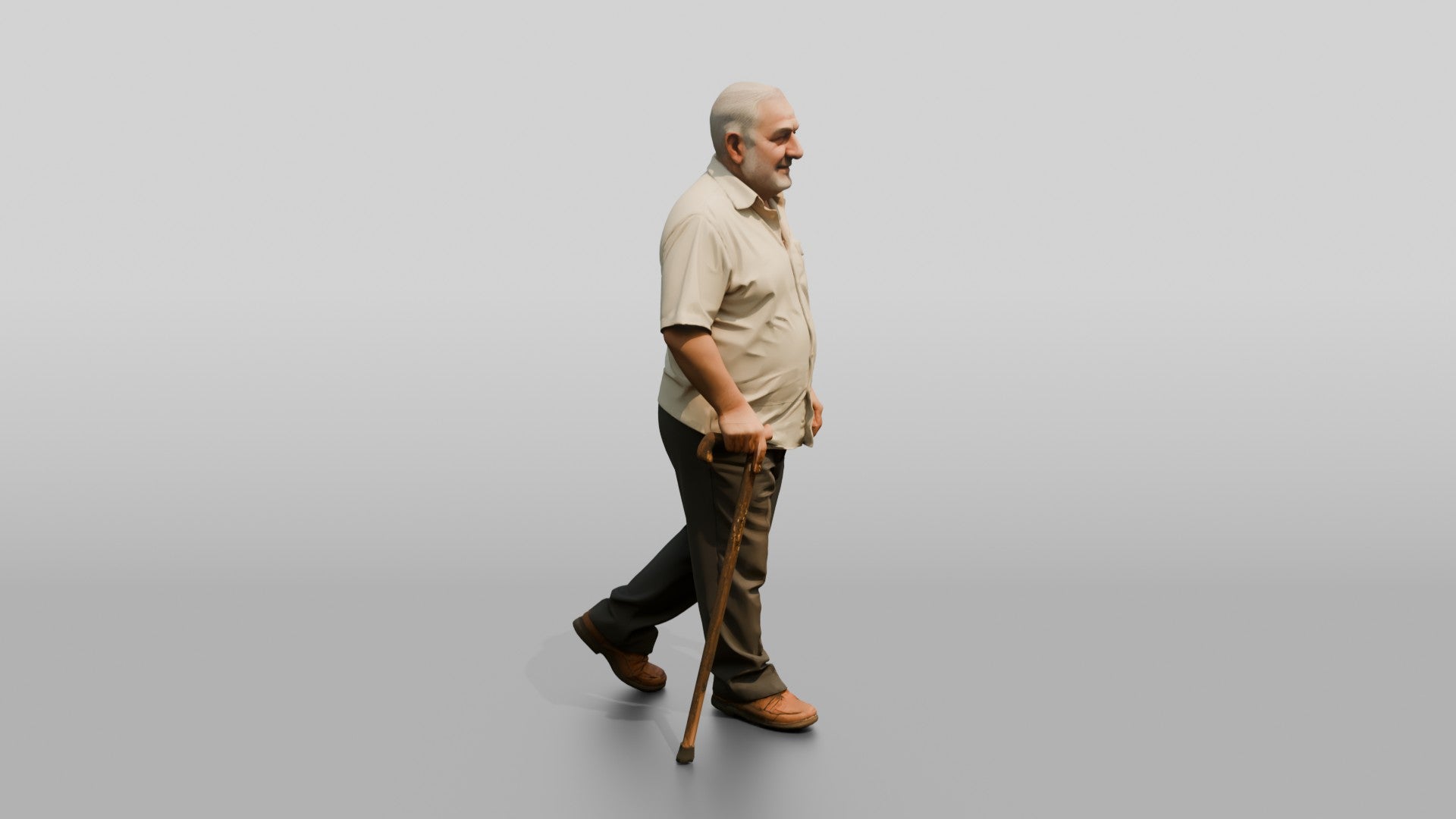 Elderly Stocky Syrian Man Walking with a Cane