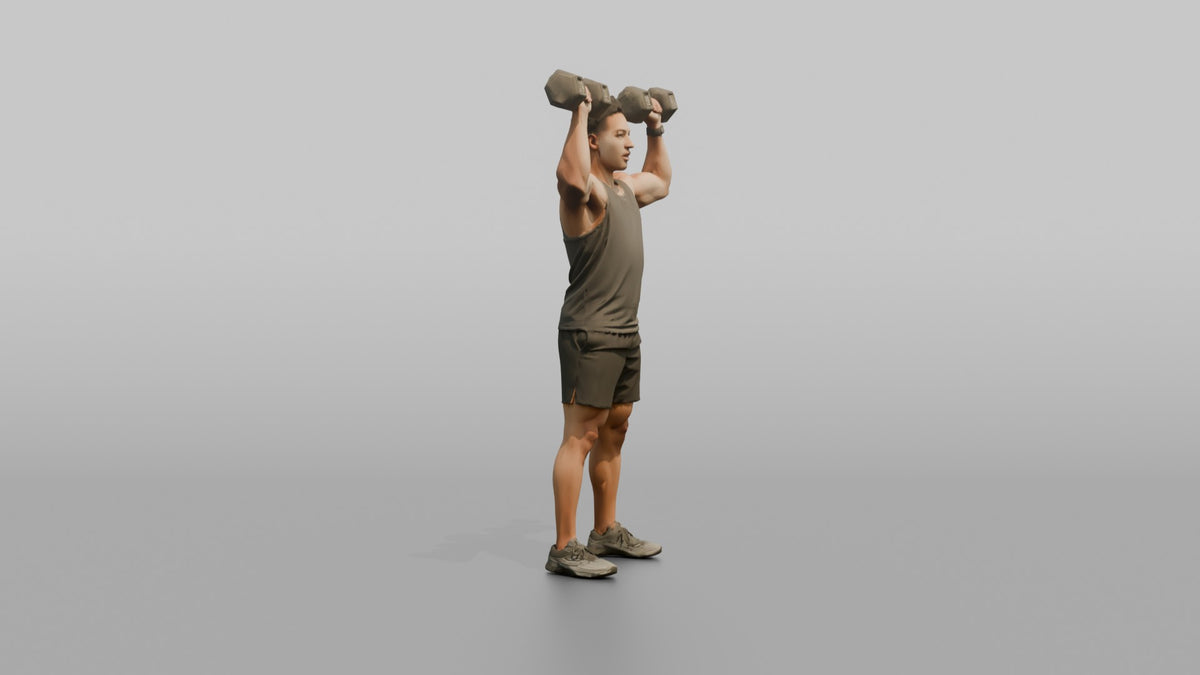 Weightlifter Man Doing A Dumbbell Shoulder Press - 3D character model, view 2