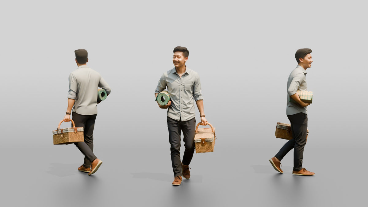 Young Chinese Man Carrying a Picnic Basket - 3D character model