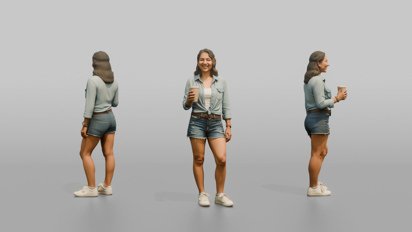 Vacationer Wearing Denim Shirt Tied At Waist And