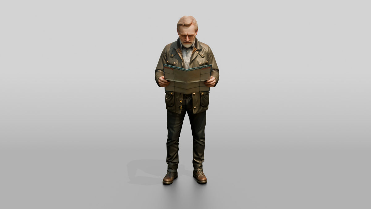 White Man in Waxed Jacket Checking a Map - 3D character model, view 5