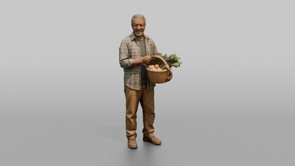 Grandfather Carrying A Wicker Garden Basket Of Vegetables - 3D character model, view 5