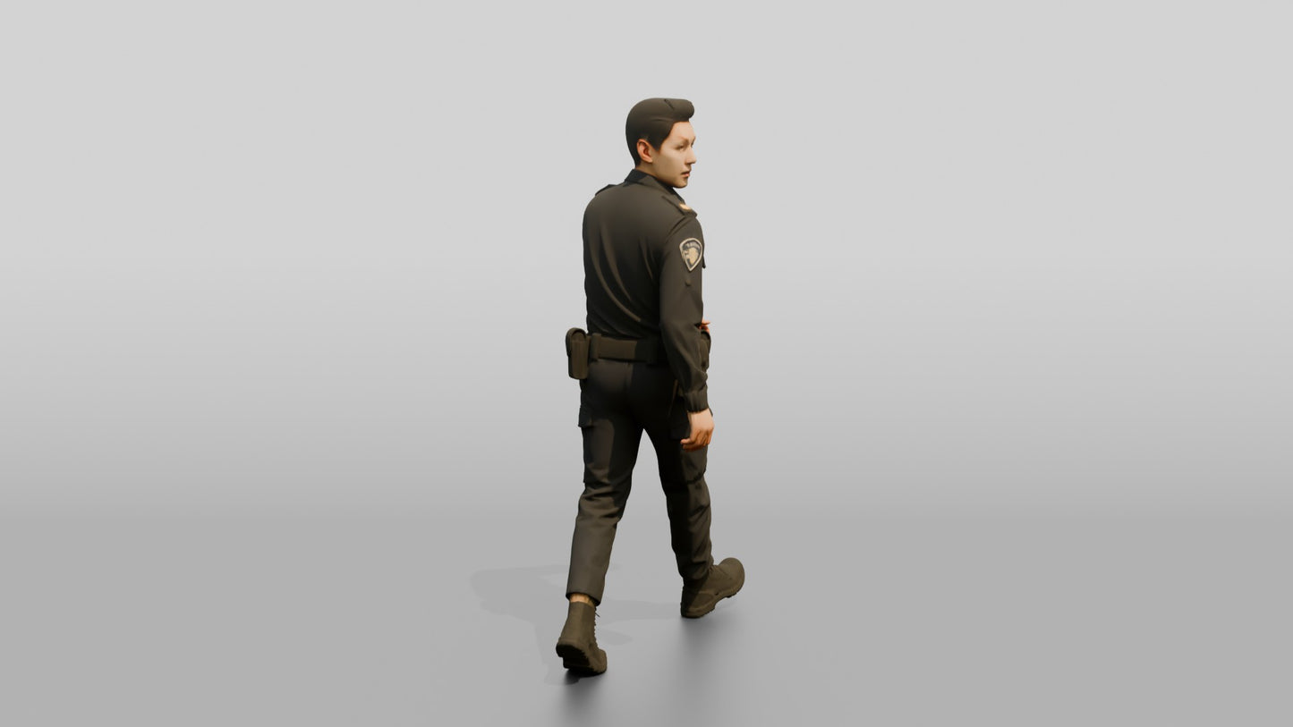 Police Officer Turning His Head Mid-Walk