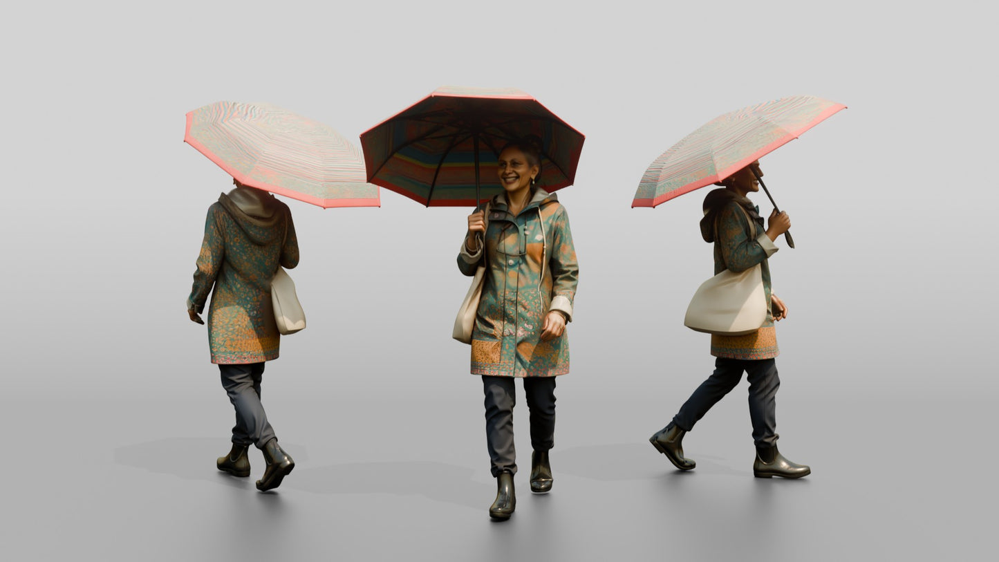 Indian Woman in Patterned Raincoat with Umbrella