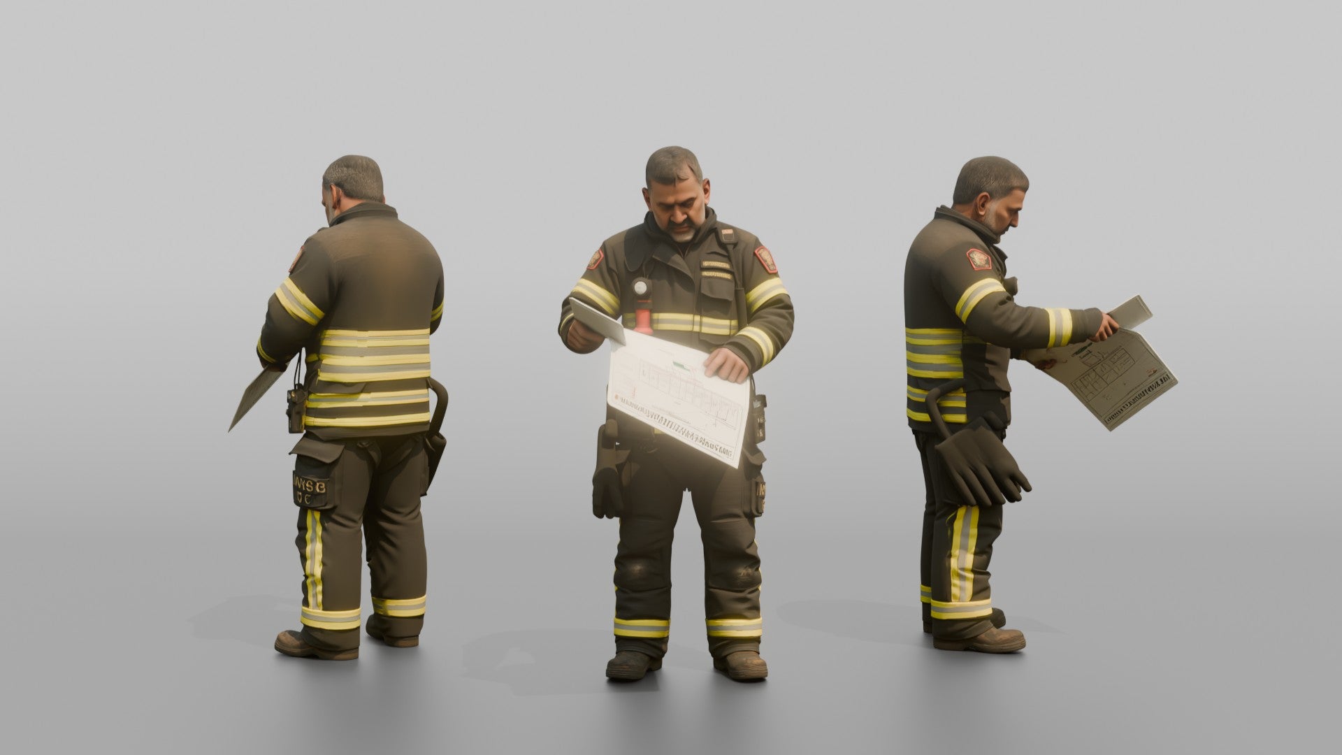 Firefighter Man Reviewing an Emergency Building Map