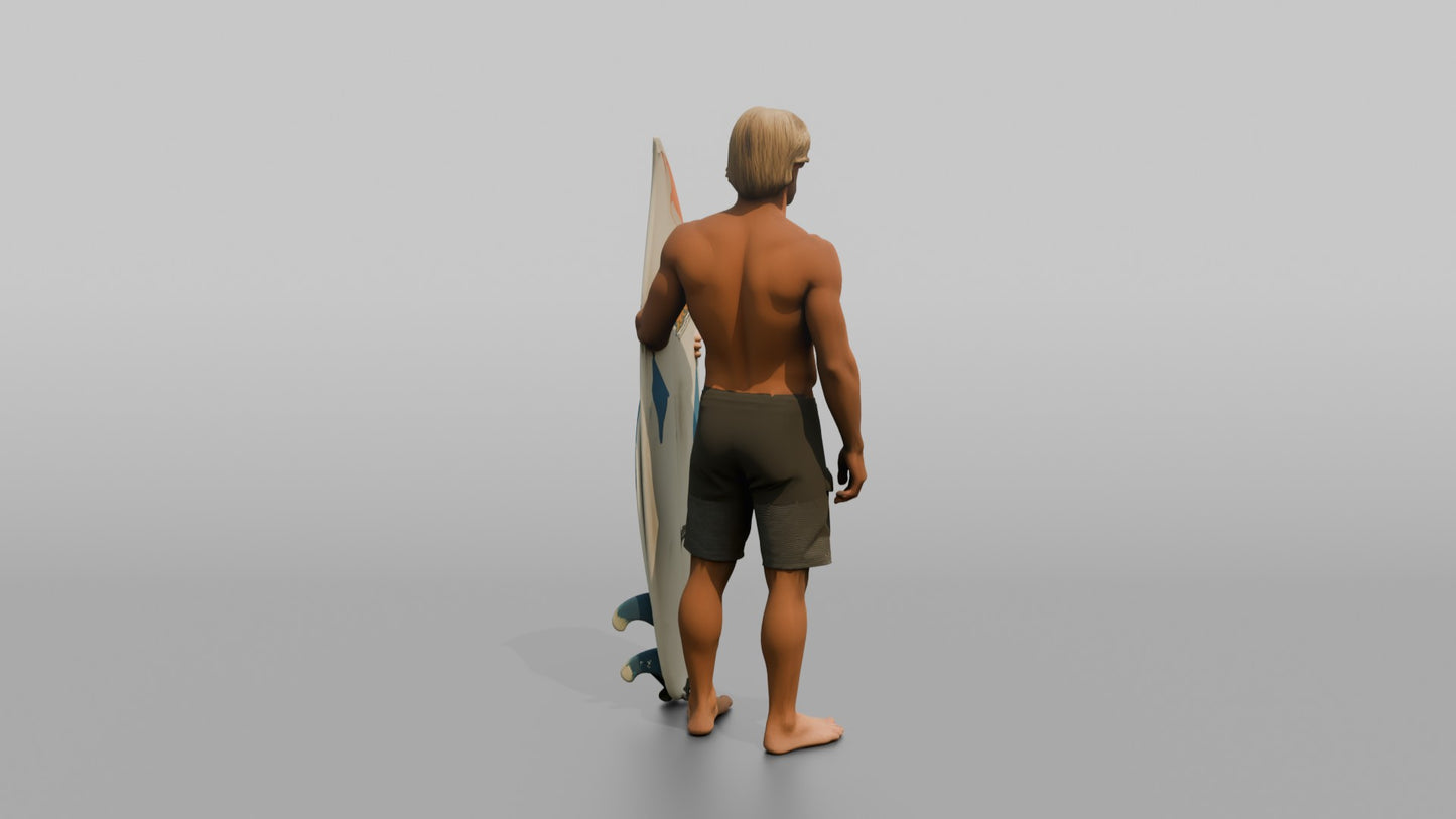 Rugged Surfer Posing with His Surfboard