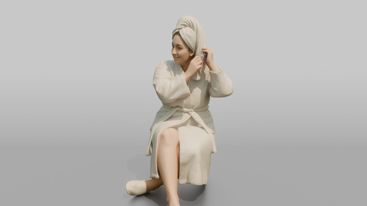 Spa Client Woman Sitting In A Robe, Adjusting A Hair Towel - 3D character model, view 5