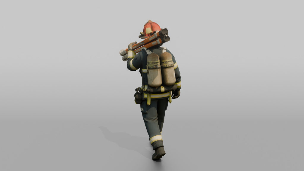 Firefighter Woman Carrying a Rescue Tripod Frame