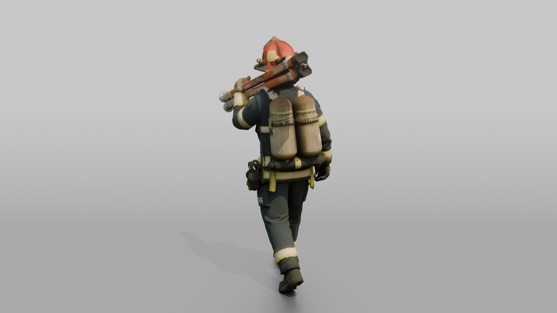 Firefighter Woman Carrying a Rescue Tripod Frame