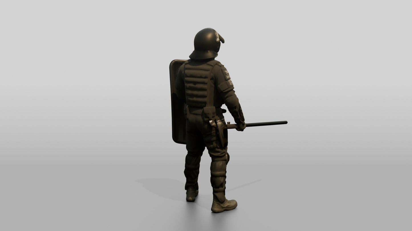 Riot Police Officer Standing with Marked Shield