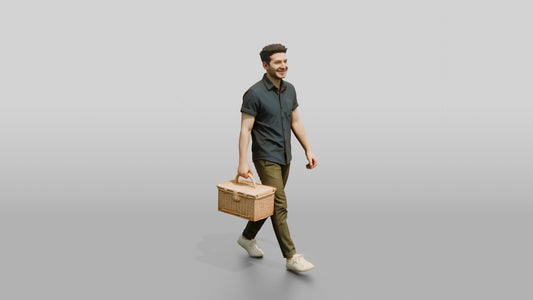 Man Carrying Wicker Picnic Basket - 3D character model, view 1