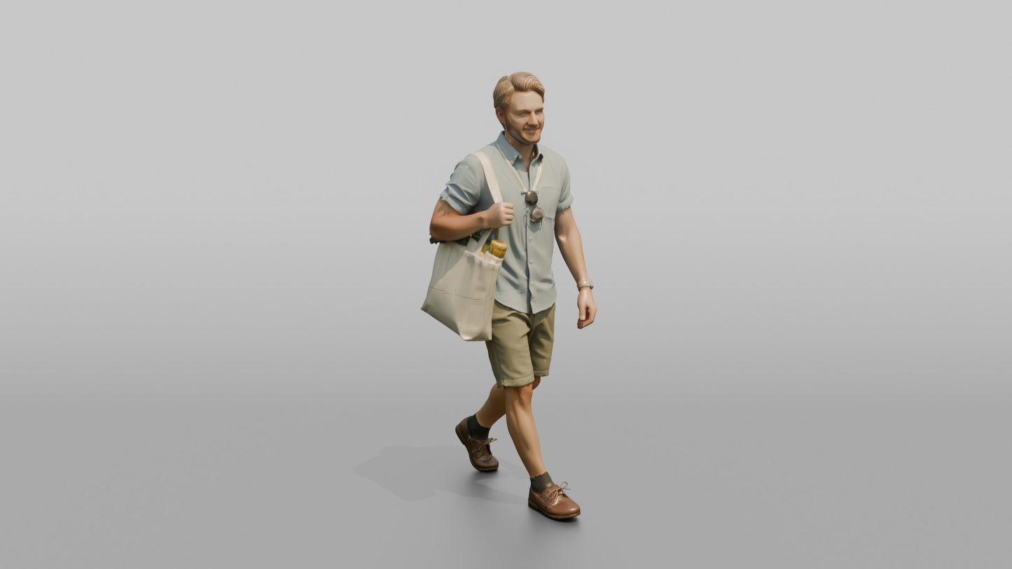 Scandinavian Man Walking in a Linen Shirt and Shorts