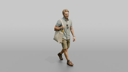 Scandinavian Man Walking in a Linen Shirt and Shorts - 3D character model, view 1