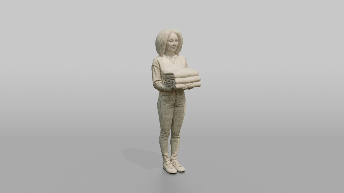 Woman Customer Holding A Folded Stack Of Clothes - wireframe topology preview