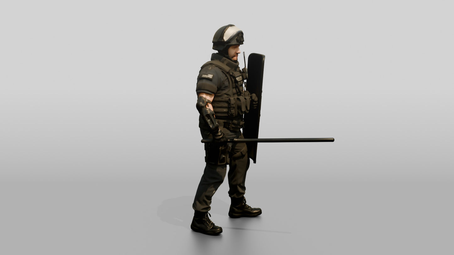 Riot Police Officer Holding Baton and Shield