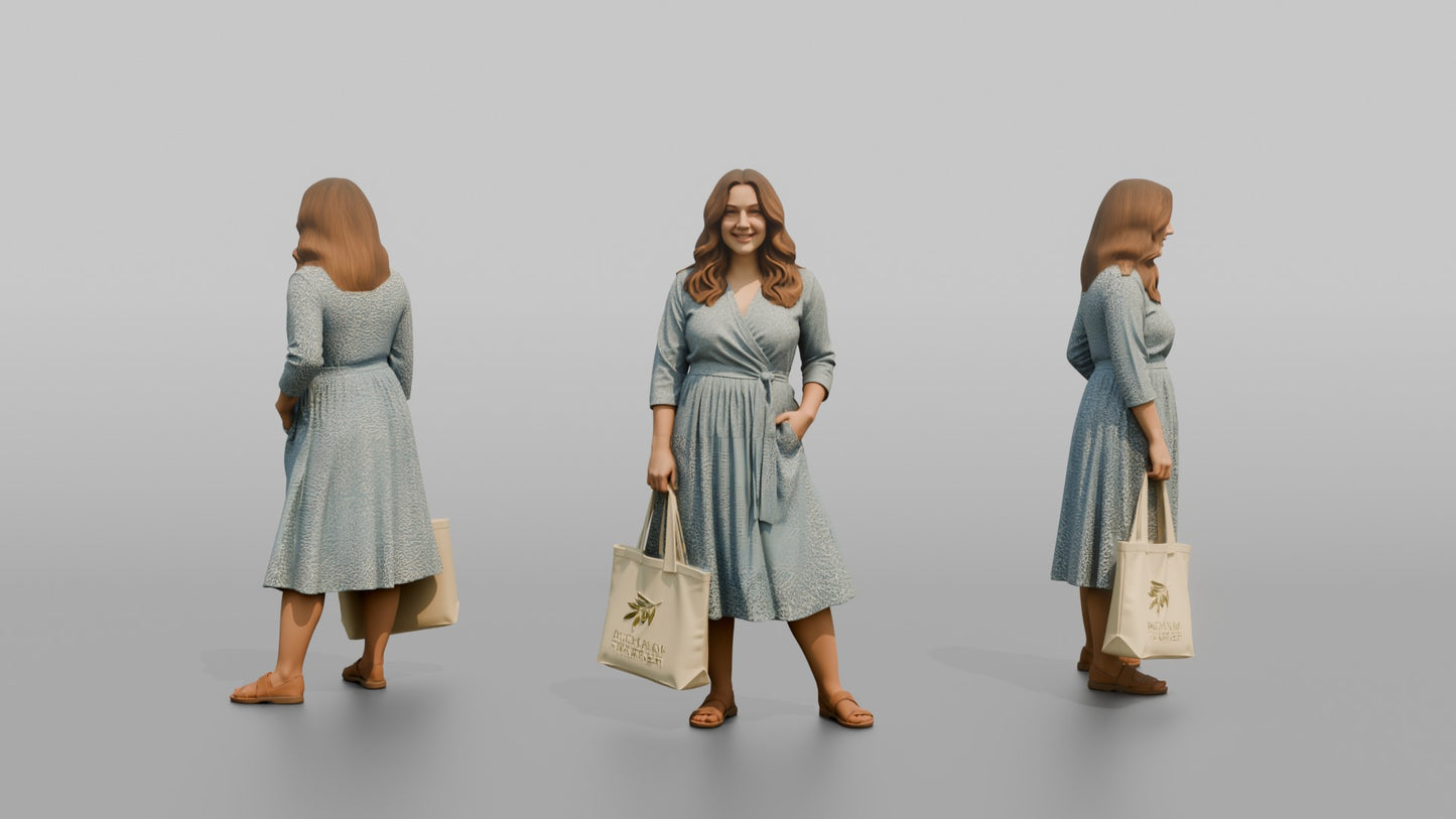 Woman Posing in a Wrap Dress Holding a Canvas Bag