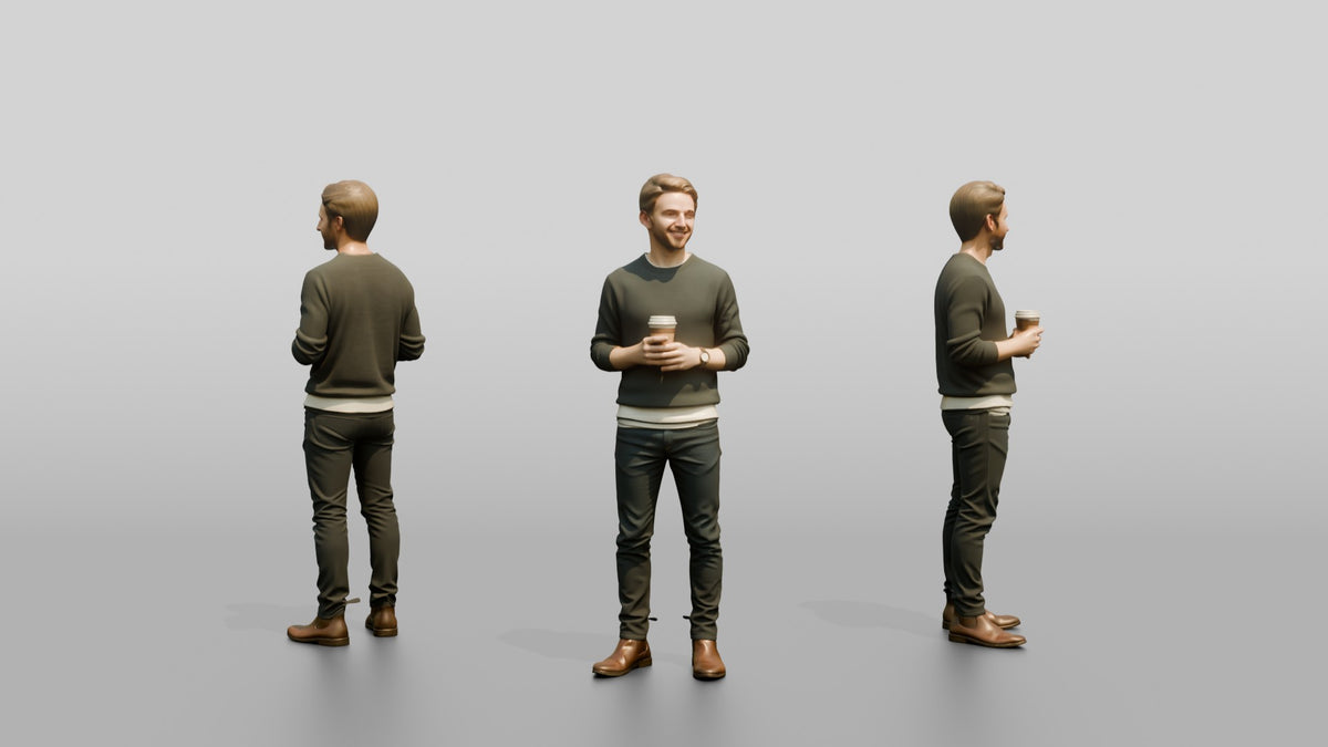 Homeless Man Holding a Steaming Paper Coffee Cup - 3D character model