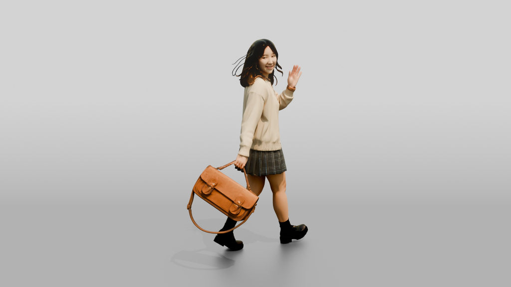 Asian Woman Walking with Vintage Bag