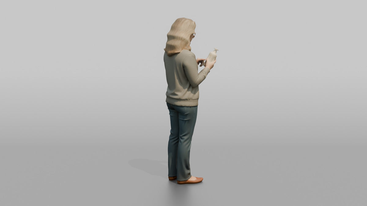 Woman Customer Reading The Label On A Bottle Of Lotion - 3D character model, view 3