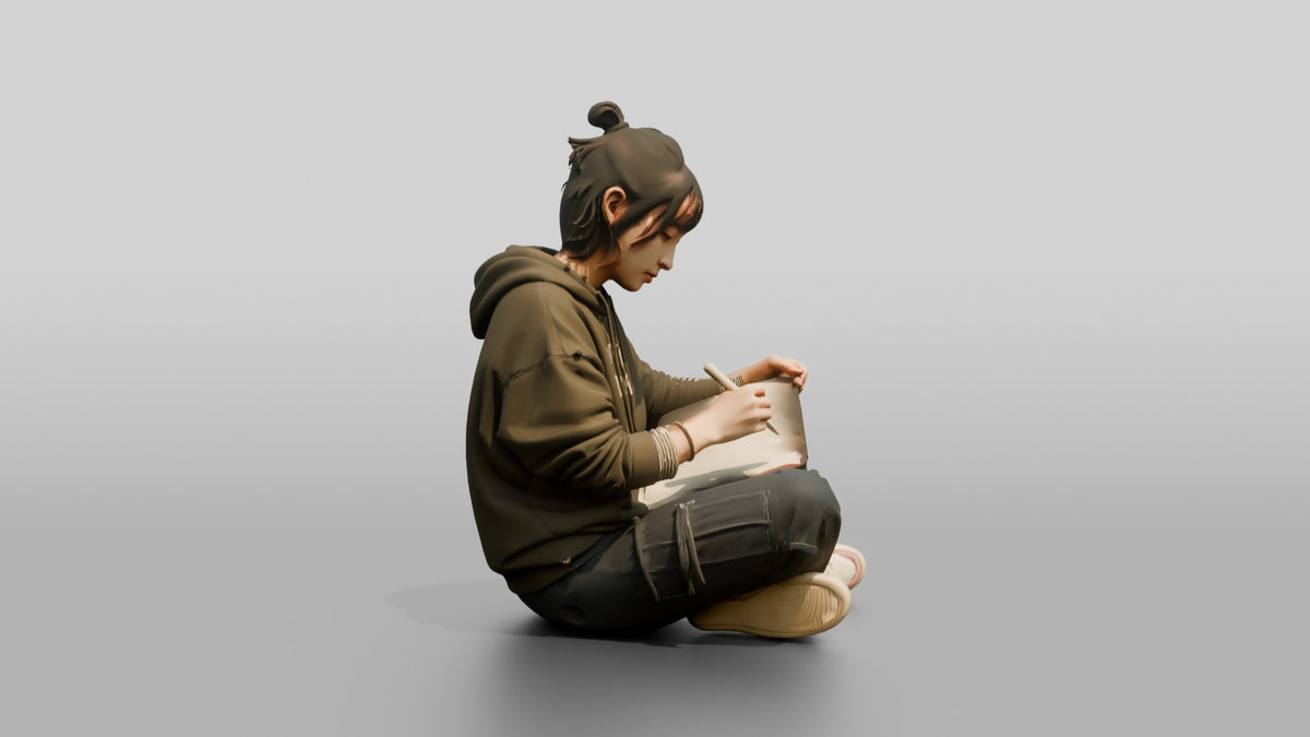 Asian Woman Sketching on Digital Tablet - 3D character model, view 2