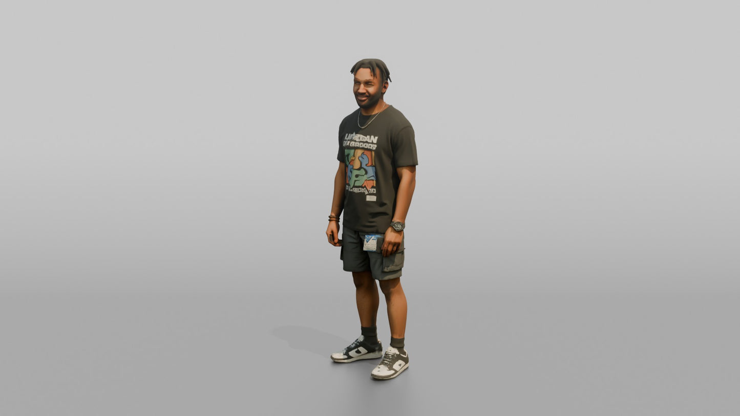 Vacationer Wearing Trendy Streetwear Graphic Tee And Shorts