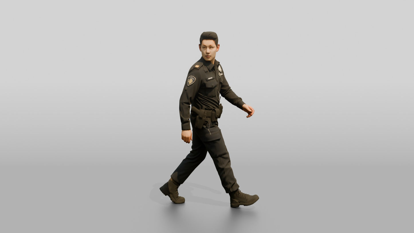 Police Officer Turning His Head Mid-Walk