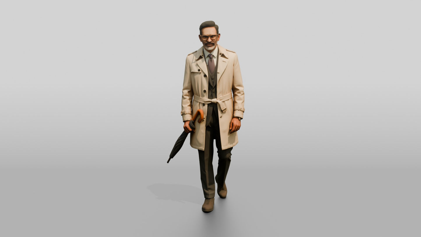 Indian Man in Suit and Trench Coat with Umbrella