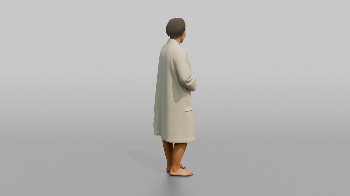 Spa Client Man Standing Barefoot, Robe Open Over Swimwear - 3D character model, view 3