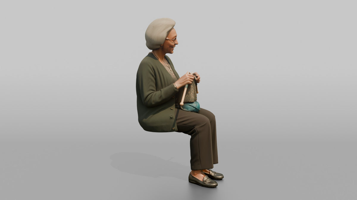Grandmother Holding A Pair Of Knitting Needles And Yarn - 3D character model, view 2