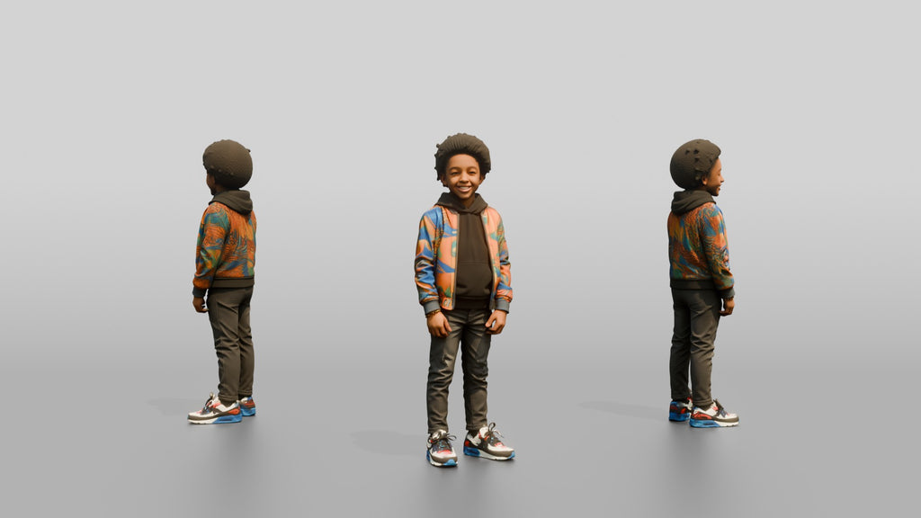 African Boy in Colorful Bomber Jacket and Sneakers