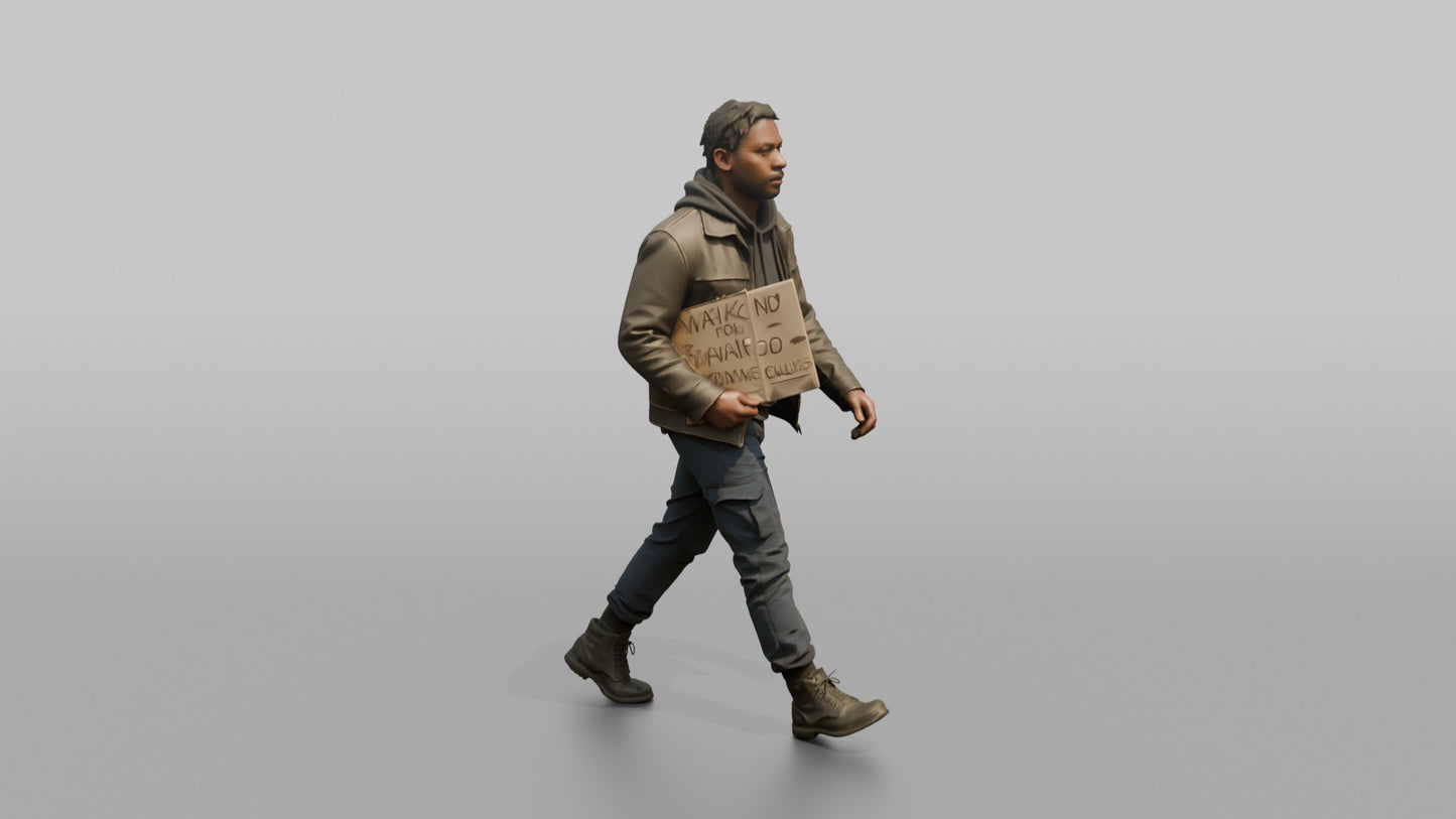 Protester Man Walking with a Cardboard Sign
