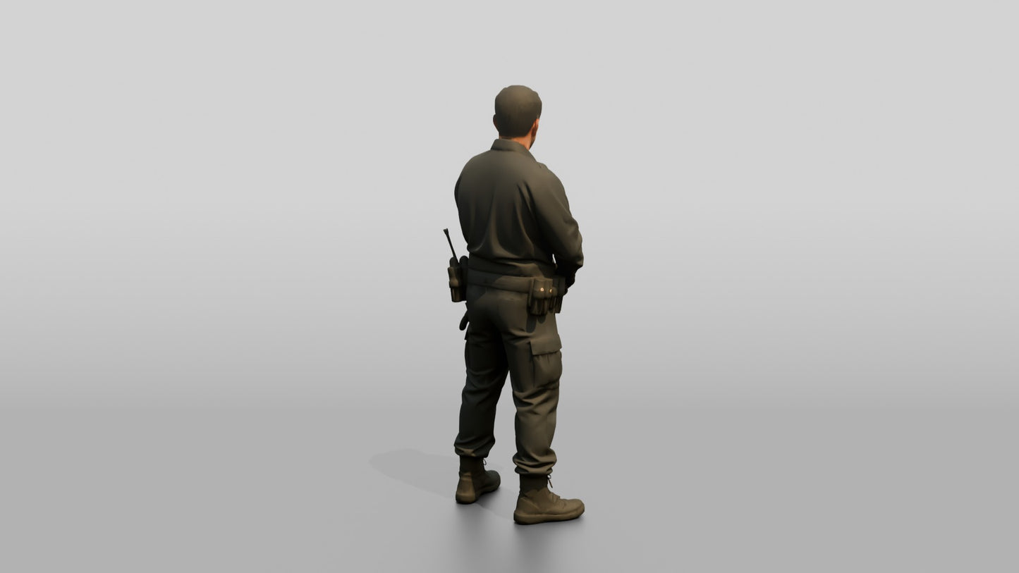 Caucasian Male Guard in a Navy Blue Tactical Uniform