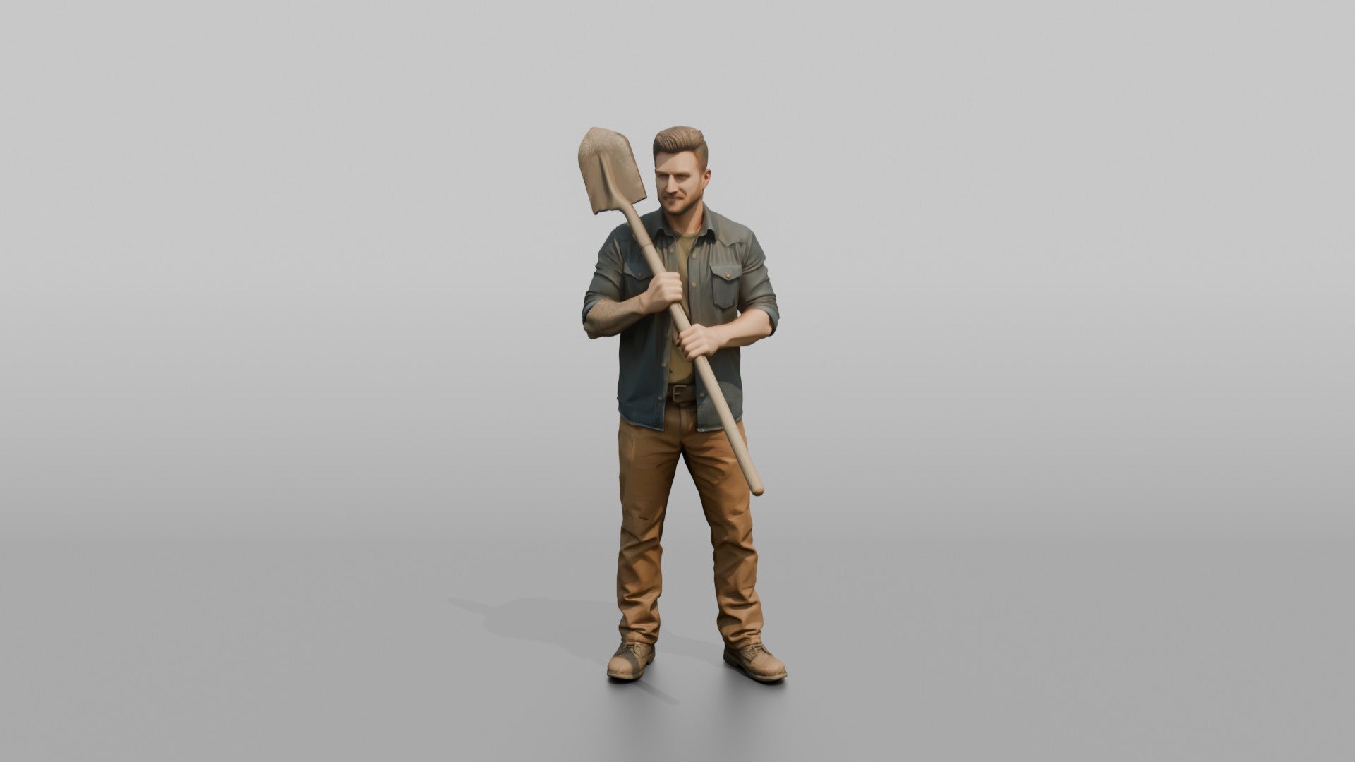 Farmer Holding Heavy Steel Shovel Resting Over