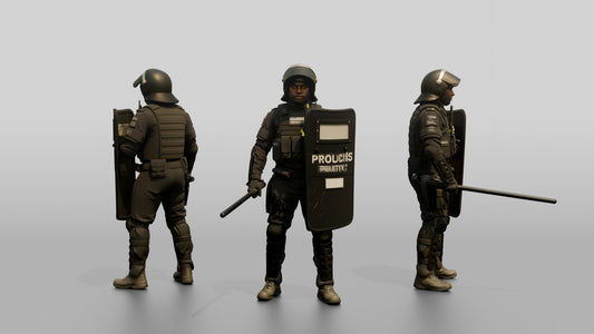 Riot Police Officer Standing with Marked Shield