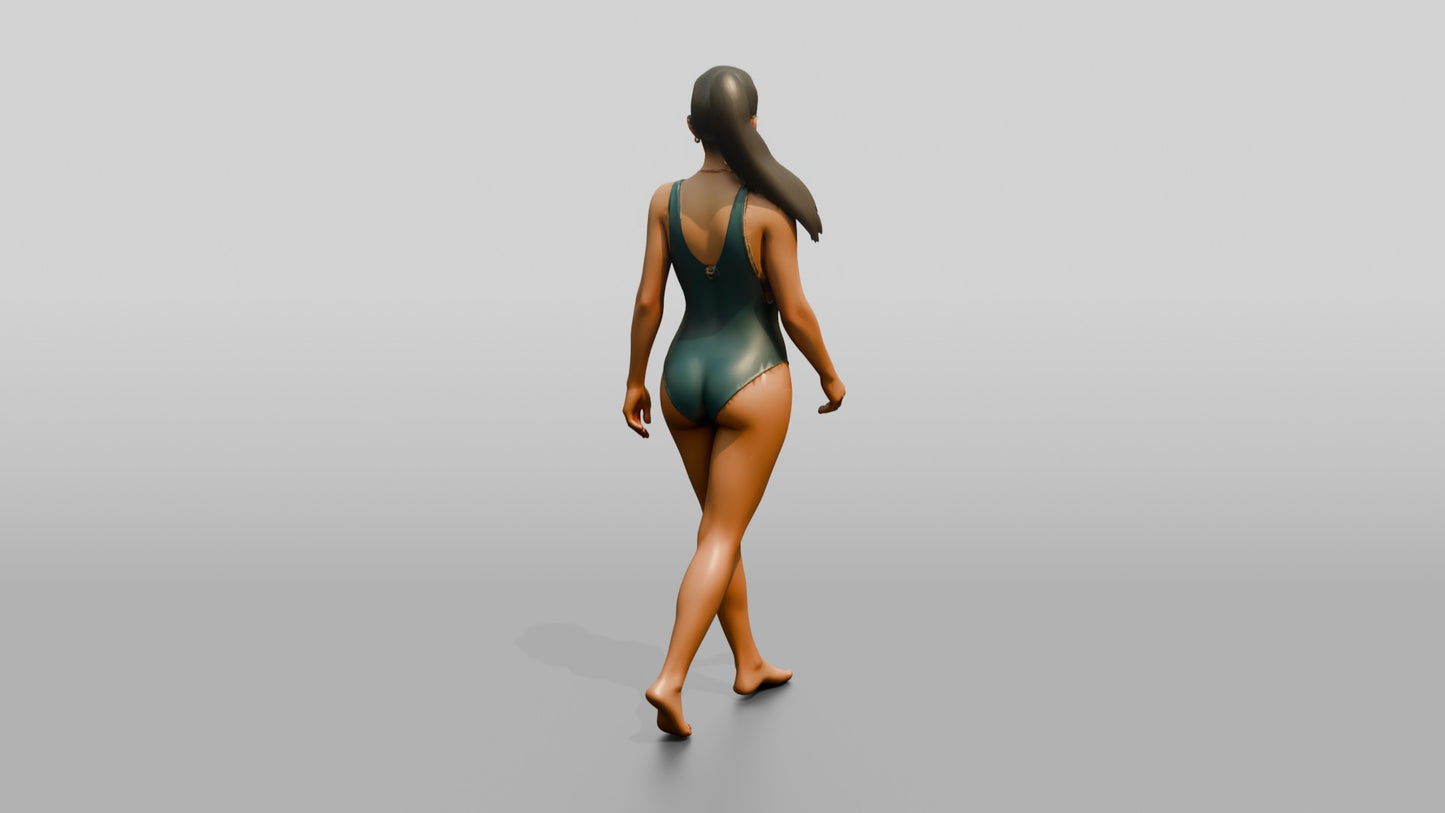 Woman in Green One-Piece Swimsuit Walking