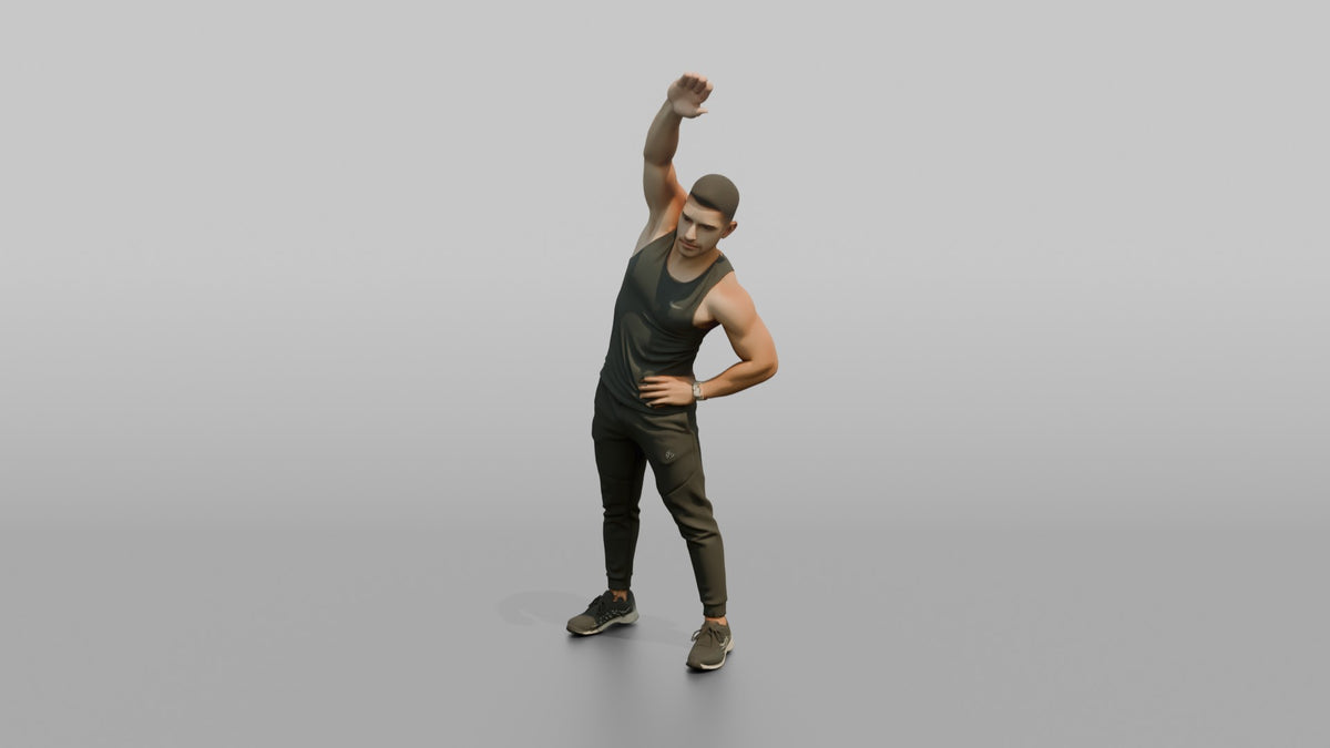Fitness Influencer Man Doing A Standing Side Stretch, One Arm Overhead - 3D character model, view 4
