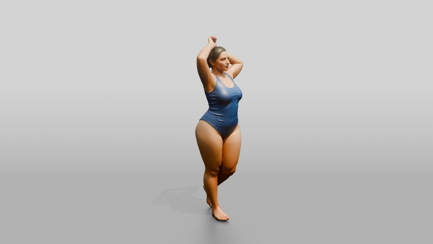 Curvy Woman in Blue One-Piece Swimsuit Arms Raised