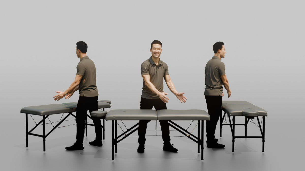 Massage Therapist Man Gesturing With Both Hands Over A Massage Table - 3D character model, view 1