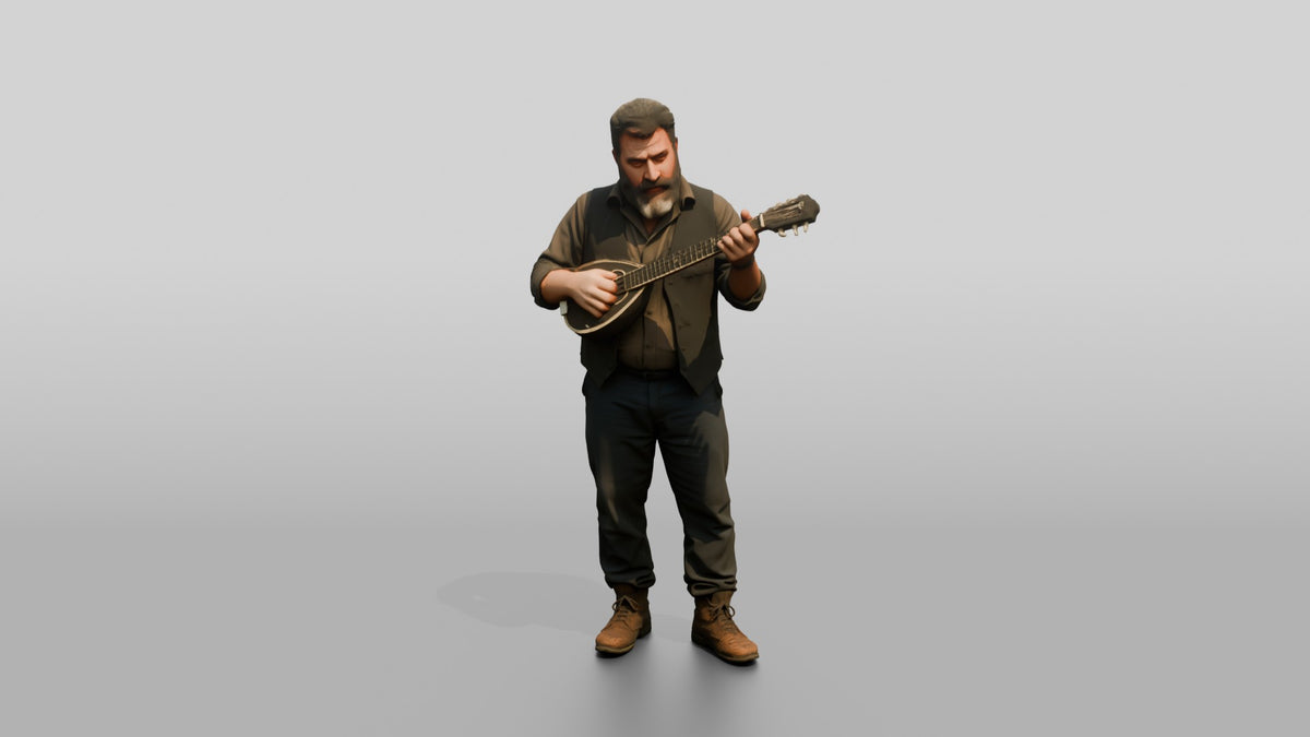Baglama Player Plucking String Instrument - 3D character model, view 5