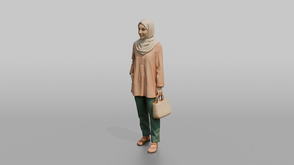 Hijab Woman with Wicker Bag in Peach Tunic