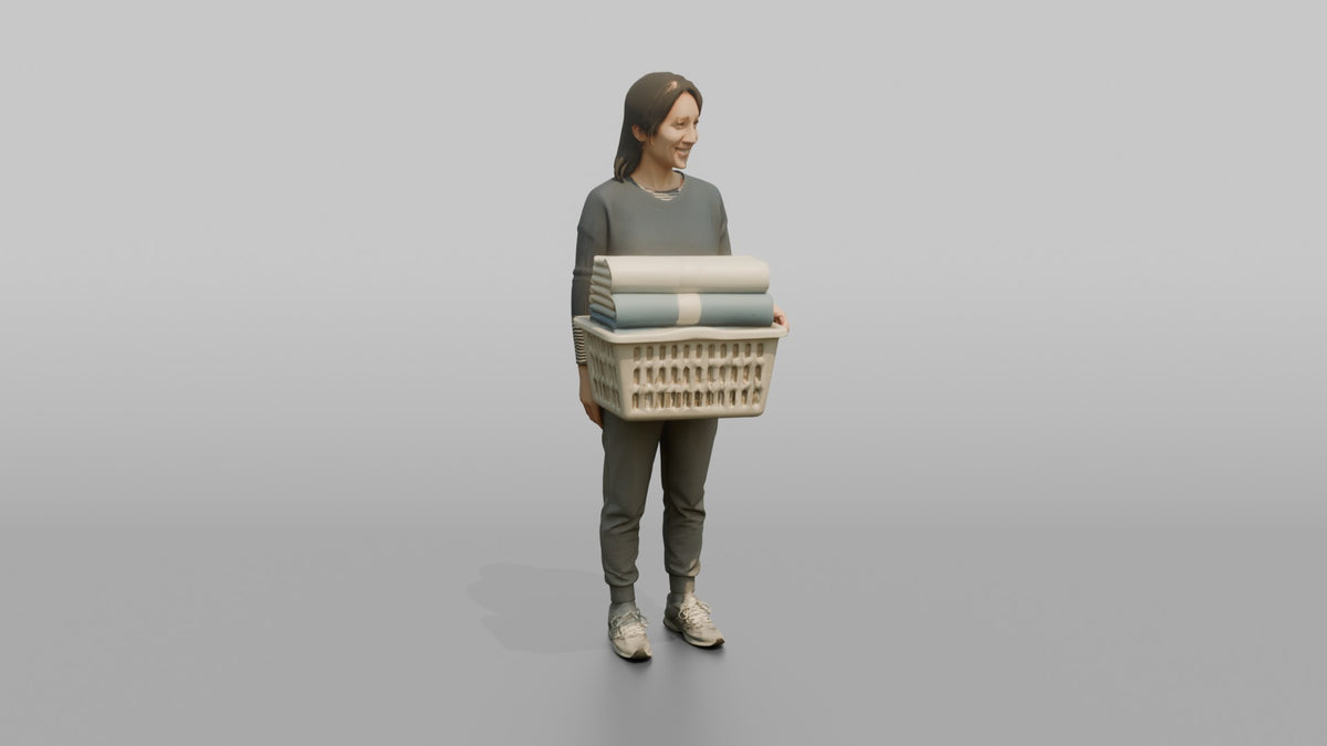 Mother Holding A Laundry Basket Full Of Folded Towels - 3D character model, view 2