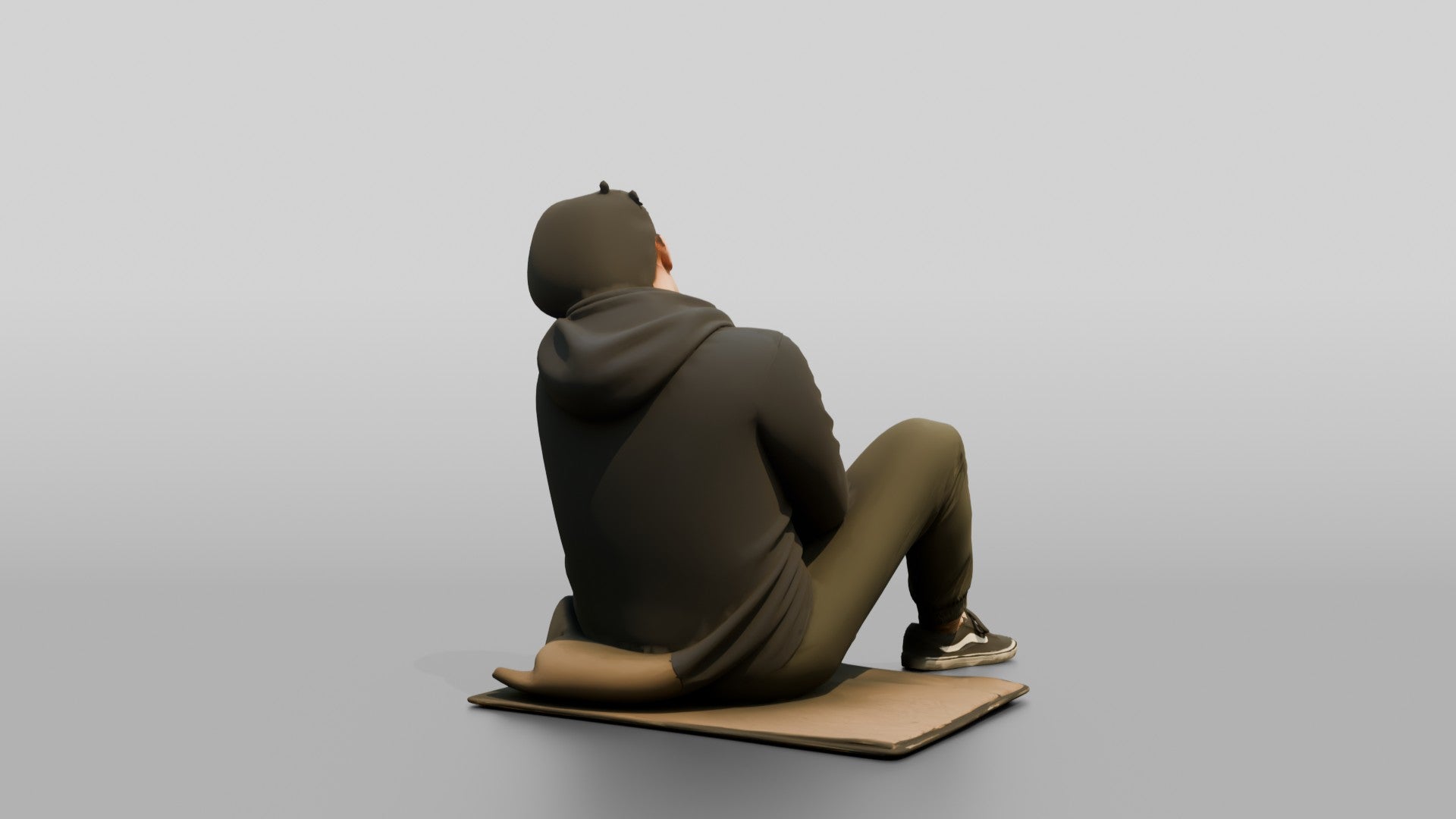 Homeless Man Sleeping with His Back Against a Wall Structure