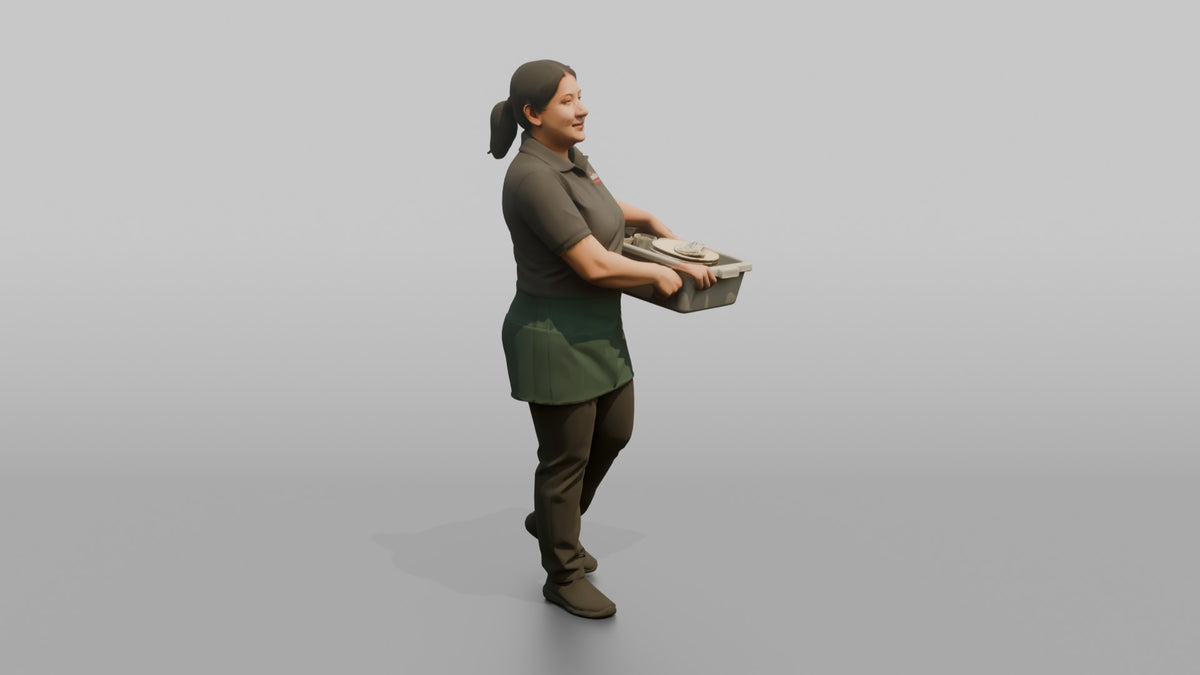 Server Woman Carrying A Bus Tub Of Dishes - 3D character model, view 2