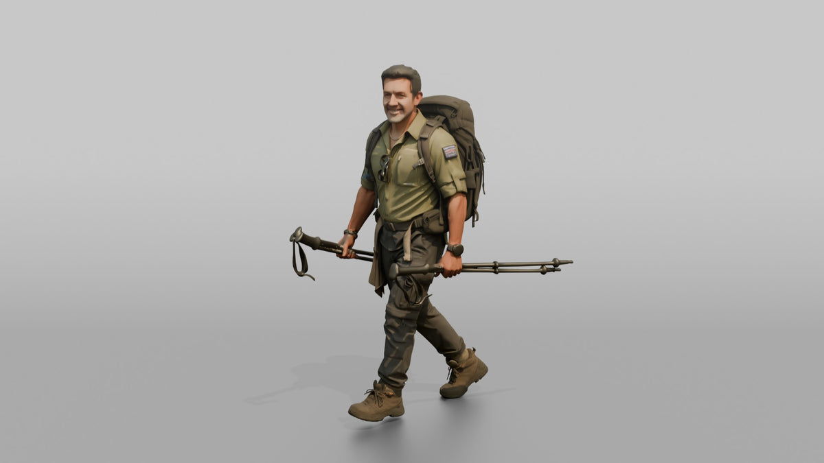 Trekker Carrying Trekking Poles While Walking - 3D character model, view 4
