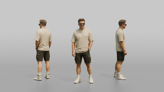 British Man Posing in an Oversized T-Shirt and Cargo Shorts
