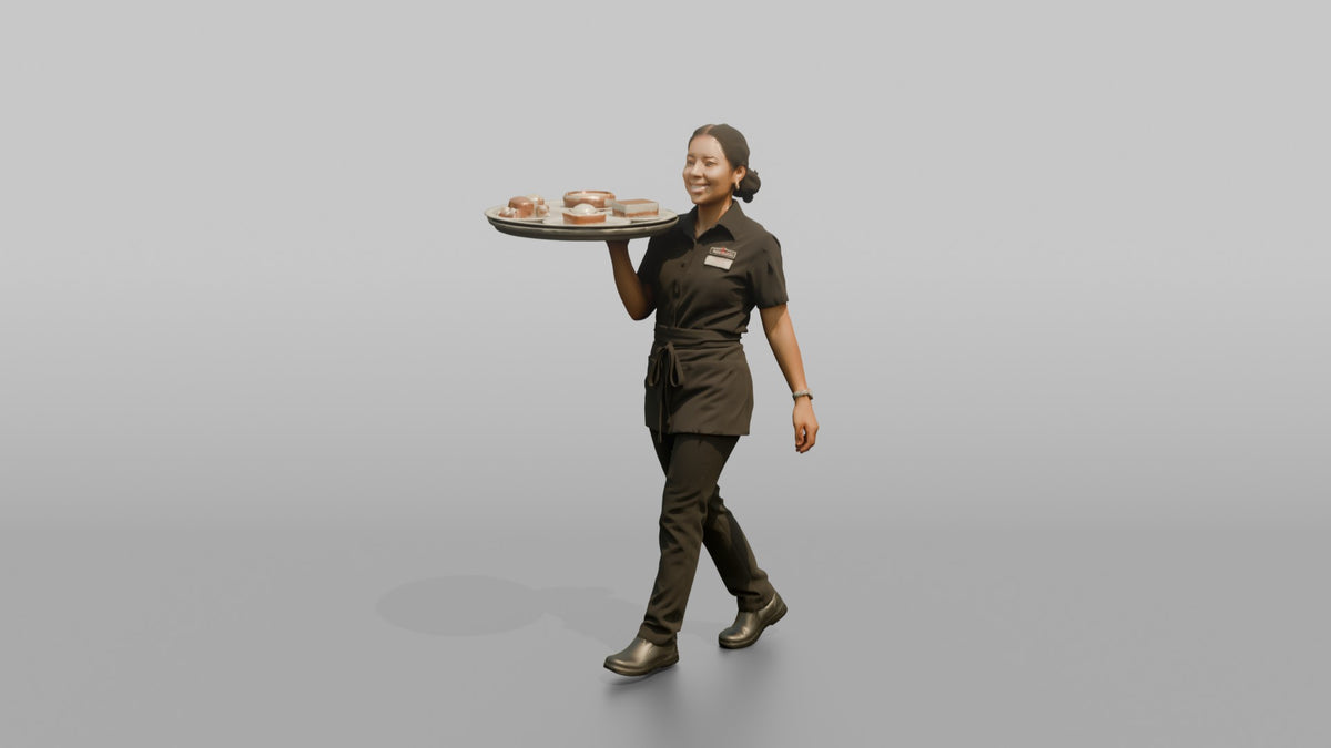 Server Woman Balancing A Tray With Dessert Plates - 3D character model, view 4