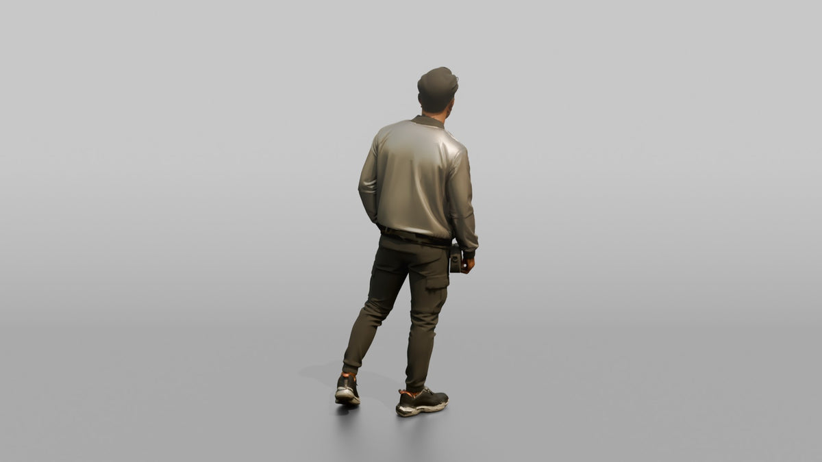Patron Man Striking A Confident Pose In A Colorful Holographic Jacket - 3D character model, view 3