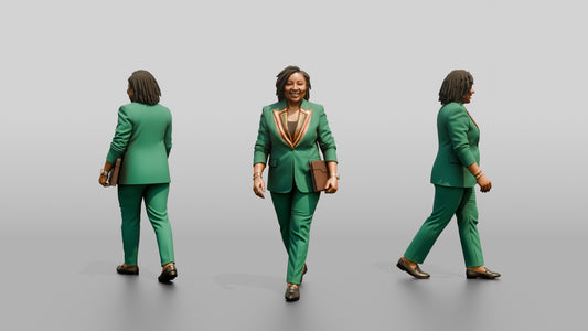 Plus-Size Woman in Emerald Green Pantsuit Carrying a Tablet Case